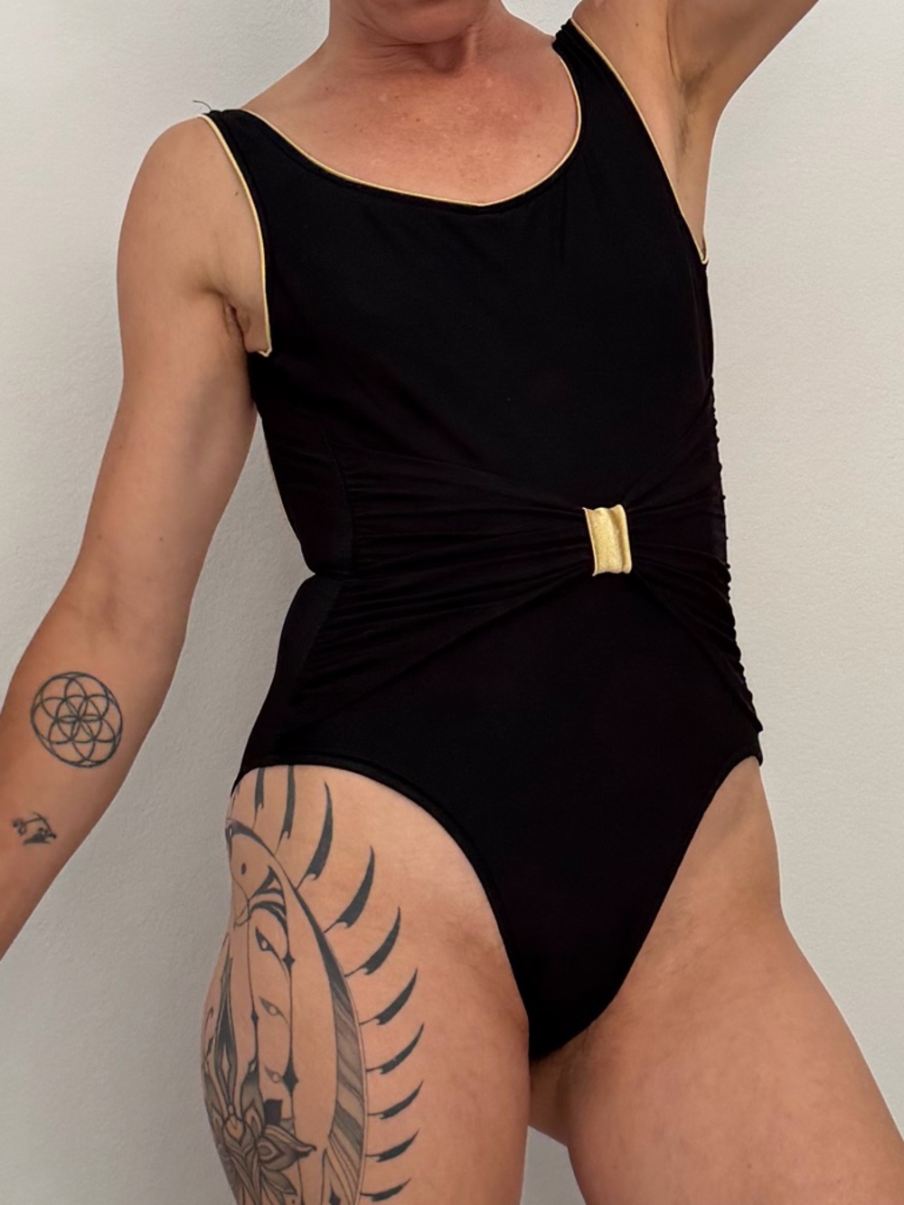 Vintage Rose Marie Reid One-Piece Swim Suit with Gold Trim